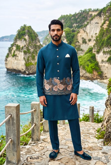 Rama Blue Outluk Wedding Vol 67 Soft Silk Modi Jacket Kurta Pajama W6705